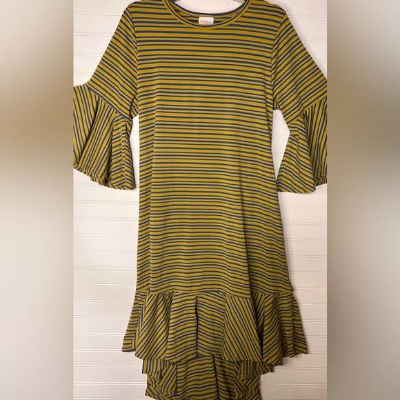 LulaRoe Large Maurine swing dress blue and yellow gold stripes ruffles BNWOT - Picture 1 of 5